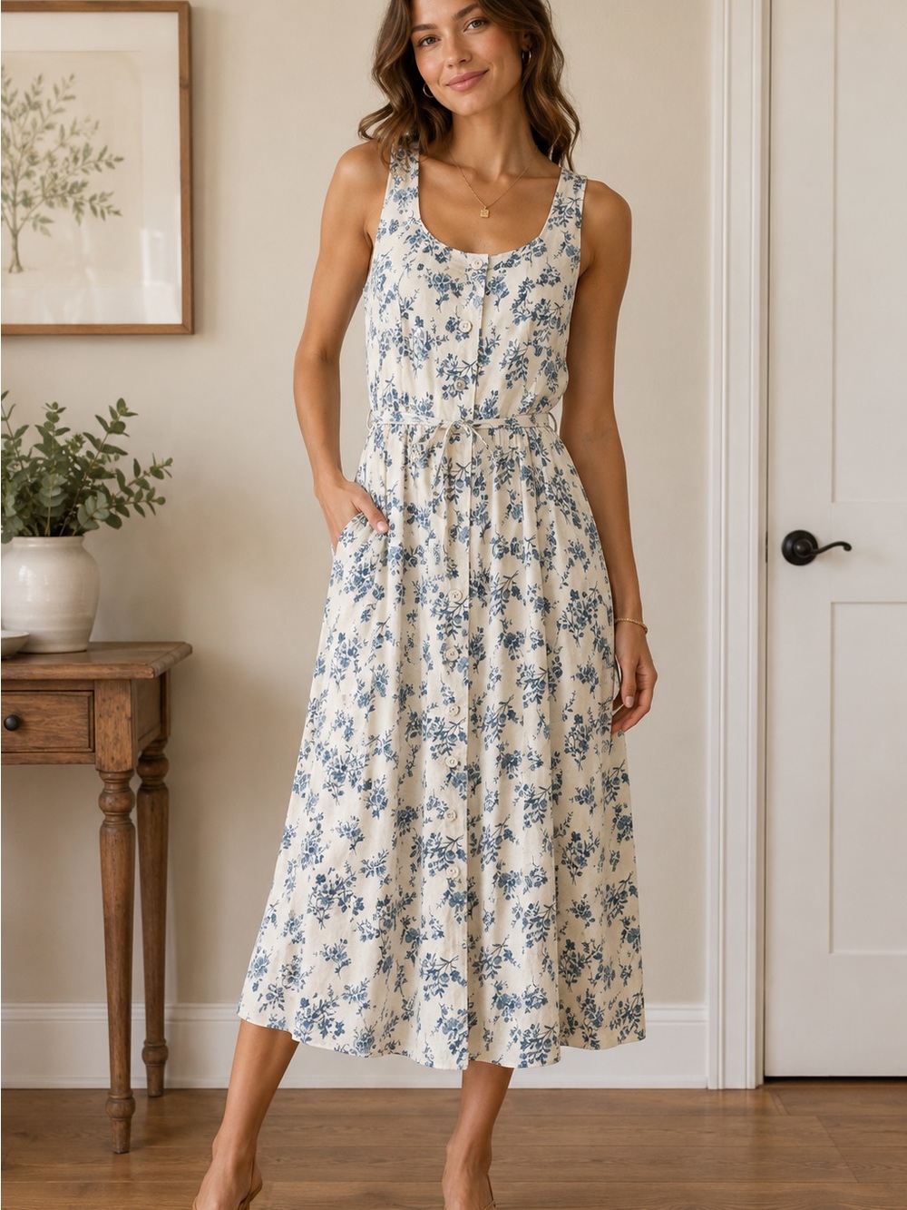 Blu Pepper Cream Midi Dress with Blue Floral Print